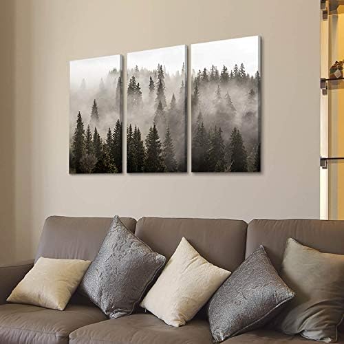 Стенен модел с естествен пейзаж: Фотографски произведения, Линия тъмно дърво с принтом бор в мъгла гора на обернутом платно за украса, Изображението на няколко части (16 x26x3, Сив стенен декор)