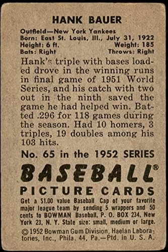 1952 Боуман 65 Ханк Бауер Ню Йорк Янкис (бейзболна картичка) PHAIR Янкис