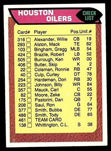 1976 Topps # 461 списък на екипа на Ойлърс Хюстън Ойлърс (Футболна карта) EX+ Ойлърс
