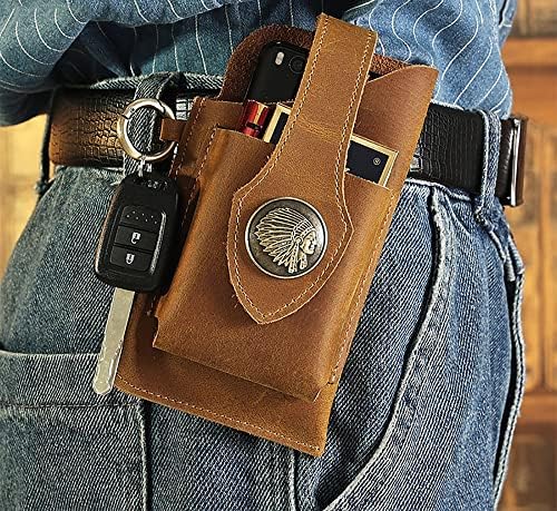Кожена Кобур за телефон за Мъже, богат на функции Малка Поясная Чанта за Пътуване на Открито с плетене на една Кука, Поясная Чанта за Мобилен Телефон за Мъже, Кафяв