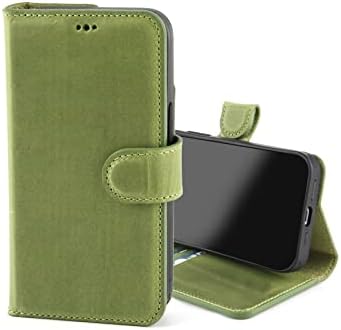 DelfiCase iPhone 13 Promax от естествена кожа (6,7 инча), Сменяем Магнитен калъф-портфейл с отделения за карти, поставка за защита на RFID-карти, Безжичен зареждане (Зелен)