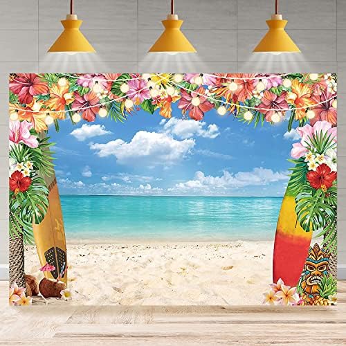 JASREE Винил Плат 7x5 фута Годишният Хавайски Плаж Фон за Снимки на Тропически Цветя Luau Aloha Фона на Синьо Небе, Океан от Палмови Листа Фон Рожден Ден Хавайски Украса за п?