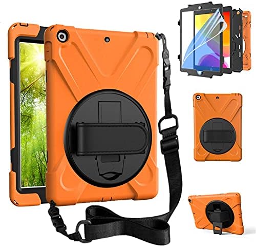 Комплект -Калъф за iPad 8-ви / 7-то поколение 10.2 със защитно фолио от закалено стъкло, стойка за ръце и пагон, оранжево