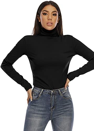 Дамски Базова тениска с високо воротом и дълъг ръкав RightPerson, Обикновена Тънки Върхове от Мек памук