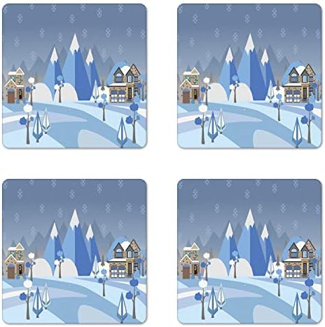 Комплект от 4 пейзажных на каботажните Ambesonne, Зимния Пейзаж на открито с загородными сгради и Къщи в Планински район, Квадратни Гланц влакчета от оргалита, стандартен размер, Многоцветни