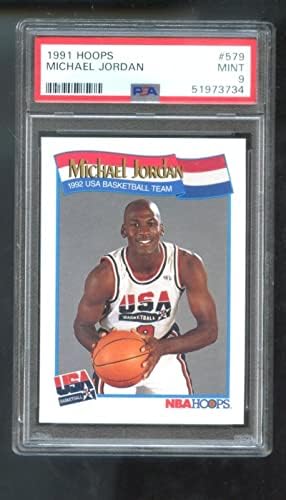 1991-92 Обръчи 579 Майкъл Джордан PSA 9-Градуированная карта Олимпийски отбор на Мечтите САЩ 1992 - Баскетболни карта, без подпис
