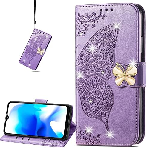 CCSmall за Samsung Galaxy S22 Ultra (Не S22) Чанта-портфейл от Изкуствена кожа с пеперуда и цвете с Отделения за кредитни карти, Титуляр с Магнитна закопчалка, Калъф за Samsung Galaxy S22 Ultra Purple С Кристали
