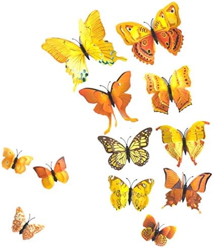AKOAK 24 бр 3D Стикери за стена с Пеперуди, Двуслойни Етикети с Артистичен Интериор под формата на Крила на Пеперуда с Магнит и Двустранно Лепило за Домашен интериор на Детската Стая, Жълт