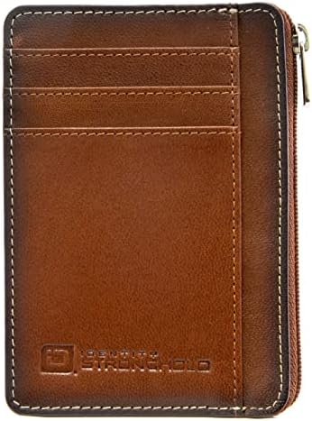 Чантата с преден джоб ID STRONGHOLD RFID, Мини-Минималистичен Чантата си, Тънък Портфейл от естествена кожа с цип (кафяв антични)