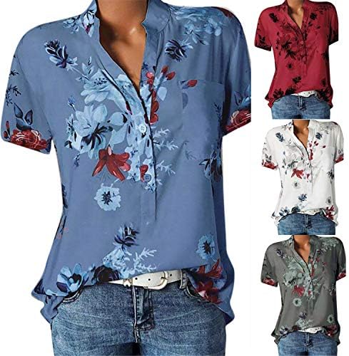 Andongnywell/ Дамски Ежедневни Тениска С V-образно деколте и Цветисти принтом, Тениски с V-образно деколте и Къс ръкав, Блузи, Свободни Блузи