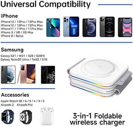 Bayhanc, Безжично зарядно устройство 3 в 1, Магнитна Сгъваема зарядно устройство, Бърза безжична зарядно устройство ще захранване на лентата, която е Съвместима с iPhone 13/12/SE / 11/XS/8, Samsung Galaxy, AirPods Pro,