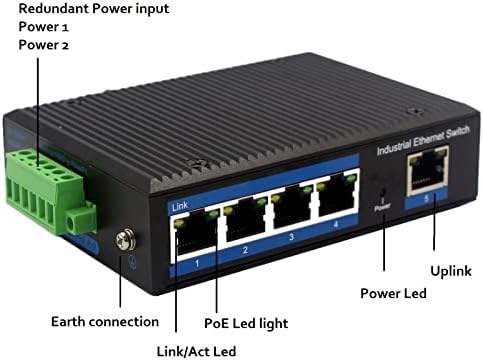 Промишлен Ethernet switch 5 пристанища с трайно Din-релса (без PoE), скорост на трансфер 10/100/1000 Mbit/s, мрежов комутатор Plug &Play, защита IP40, вход DC12V-52V, работна температура от -40 °- 80 ° C, защита на