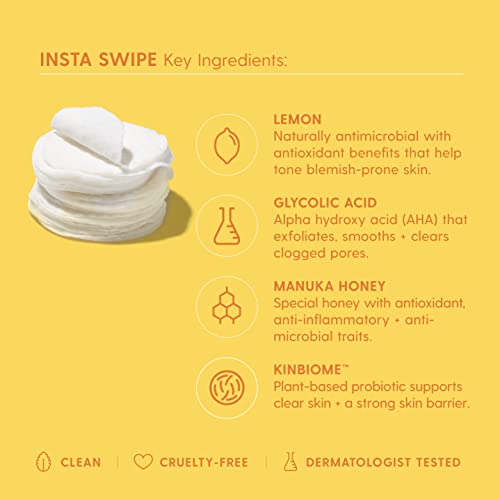 Възглавничките на Kinship Insta Swipe Lemon Скъпа АНА - Пилинг кърпички с гликолова киселина и мед от Манука, които почистване на запушени пори и помага за намаляване на акне, давайки им по-сияен вид (45 броя)