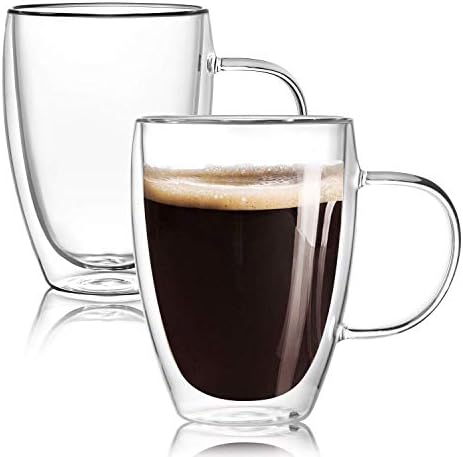 2 опаковки по 2,5 мл] Чаши за еспресо с дръжка и [2 опаковки по 12 унции] Стъклени чаши за кафе с двойни стени и дръжка