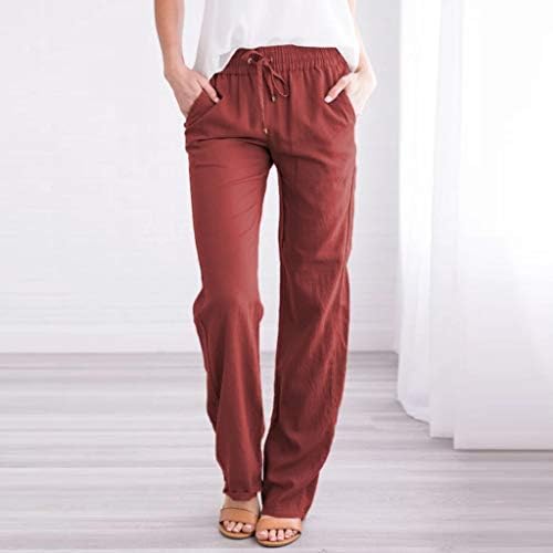 HonpraD Широки панталони капри за жени, широки памучни панталони, обикновена директни дълги дамски ежедневни панталони с еластичен ластик на талията и завязками