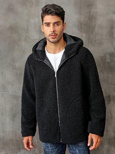 Якета за мъже, Мъжки якета, Мъжки плюшен яке с качулка с цип, яке - (Цвят: черен Размер: Средно)