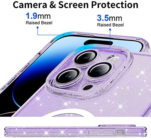 Калъф Skyseaco за iPhone 14 Pro Max, който е Съвместим с MagSafe, с пълна защита на камерата, Прозрачен Блестящ устойчив на удари Защитен Калъф-Броня за жени, калъф за телефон - Брилянтен Лилаво