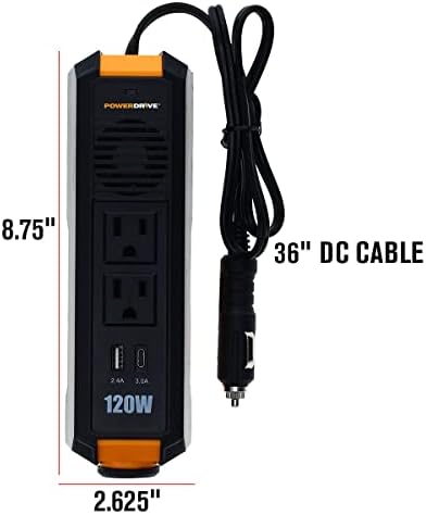 PowerDrive PWD120S Инвертор мощност 120 W от 12 vdc до 110 В променлив с 2 Розетки и 2 порта