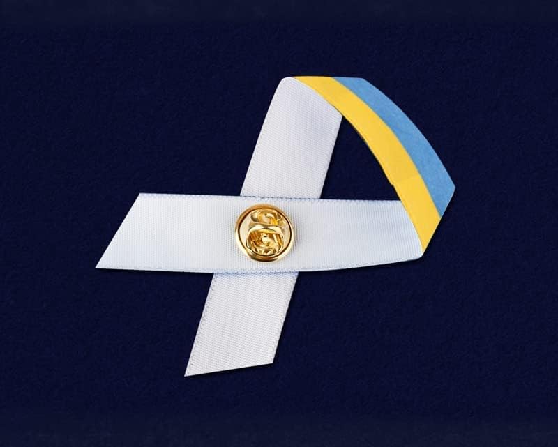 Иконата със синя и жълта сатенена панделка в подкрепа на конфликта в Украйна - идеални, за да се раздадат подаръци и събиране на средства!