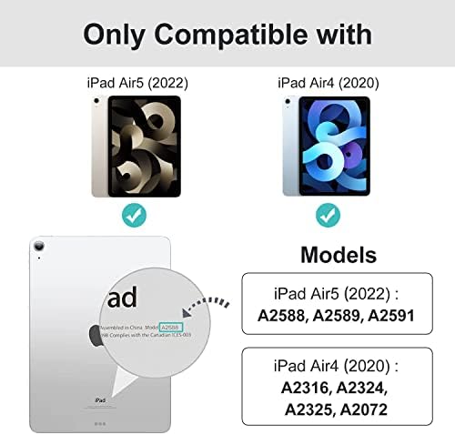 Калъф за iPad Air 5-то поколение 2022 с държач за моливи, калъф Air 4-то поколение, Тънък, smart-калъф с прозрачен заден панел за iPad Air 5/4, калъф 10,9 инча, Поддържа безжична зареждане на iPad, Молив