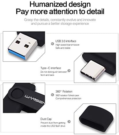 Флаш памет WANSENDA Dual C USB Флаш устройство Type C 2 в 1 USB 3.0 /3.1 за съхранение на данни в телефона Memory Stick (512 GB, черен)