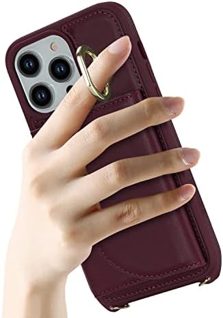 Калъф Lipvina за iPhone 12 Pro Max/13 Pro Max с каишка и държач за карти, слот за кредитни карти, пръстен-стойка, каишка за телефон през рамо и кожена чантата с блокиране на RFID за жени (Вино-Червено)