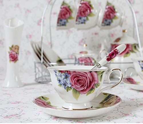 Европейският костен порцелан, Определени чаени чаши от керамични порцелан с флорални принтом, с капак и блюдцем, метален държач на снимката не е включена в комплекта