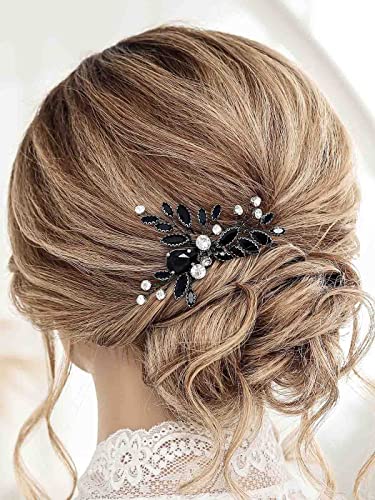 Гребен за коса Casdre с черен кристал, сребро, планински кристал, сватбена страничен гребен за коса, сватбени аксесоари за косата на булката за жени и момичета