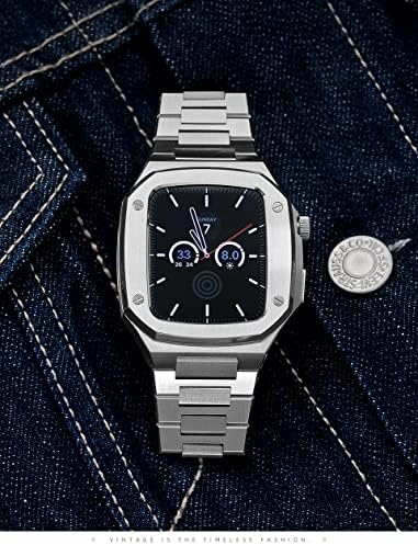 Каишка от неръждаема стомана CNHKAU, гумена каишка и калъф за Apple Watch серия 45 мм 44 мм 41 мм, за изменение на iWatch, метален bezel (цвят: мента, размер: за 45 мм)