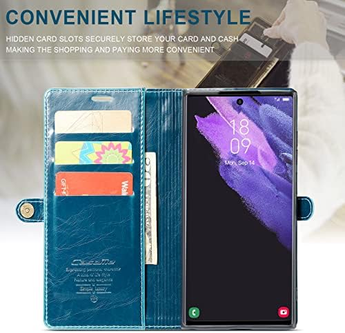 Чантата ASAPDOS Samsung Galaxy S22 Ultra Case [Напълно съвместим с S-Pen], калъф-книжка с каишка от изкуствена кожа в ретро стил, Флип калъф с цип, държач за карти с RFID заключване и стойка за мъже и жени (в синьо)
