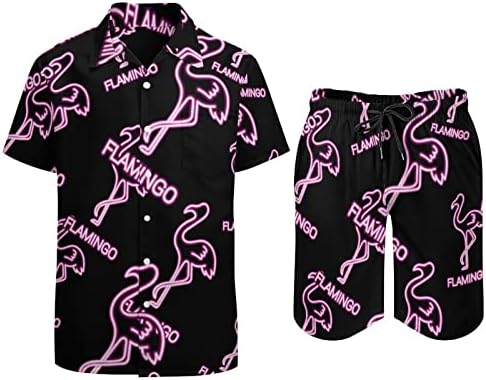 Мъжки плажни Дрехи Flamingo Neon Light от 2 теми, Хавайска Риза с копчета с Къс ръкав и къси Панталони, Костюми