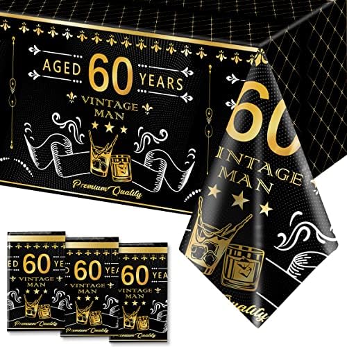 3 Опаковки Покривки за 60-ия рожден ден, за Еднократна употреба Пластмасови Черно-златна Покривка, Водоустойчив Правоъгълните Покривки за маса, Украса за 60-ия рожден ден на мъжете (60-та)