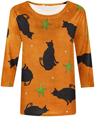 Дамски Свободна Тениска с Модерен принтом на Хелоуин, Блуза, със средна дължина, с 3/4 ръкави, Всекидневни Пуловер С кръгло деколте, Върхове