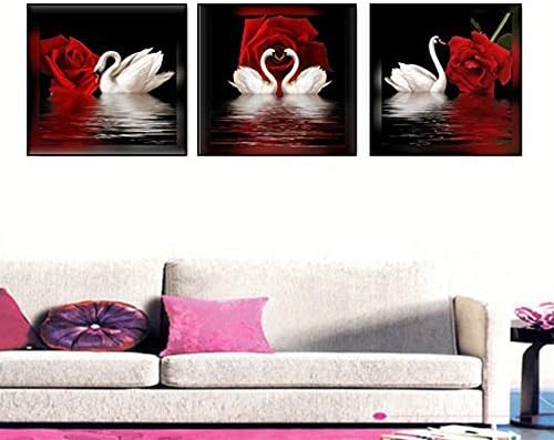 Amoy Art - 3 Панела Красиви Романтични Лебеди Арт Принт на платно с Цветя, Червени Рози, с монтиран на стената Арт Декор Опъната на Рамка за Спални, Баня, Готова да бъде обесен