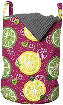 Чанта за дрехи Ambesonne Lemons, с участието Нарязани на цитрусови плодове с листа от лимонов сок и кубчета лед, Кошница за дрехи с дръжки, закрывающаяся на шнур, за пране, 13 x 19, Виолетово-зелен