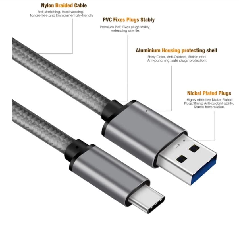 USB кабел KER Type C 3 Метра За Бързо Зареждане, Найлонова Оплетка Кабел за Samsung Galaxy S20 S21 S9 S10 S8 Plus/FE Note 20 10 9 8 7, A71 A51 A32, LG, Мото, PS5-Сив