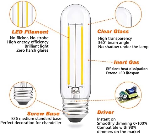AIELIT 8 Бр. Led крушки с мощност от 2 W B11 E26/T10 E26, Комплект led крушки с регулируема яркост, Еквивалентна лампа с нажежаема жичка с мощност 25 W, Дневна Бяла светлина 5000 До 200 lm, Прозрачно Стъкло