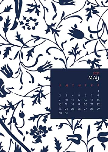 Домашен уют - Календар на май 2021 г. за отпечатване с цветен модел на William Morris blue - Печат на ламиниран плакат с ярки изображения - Ламиниран плакат с размер 12 на 18 инча с ярки цветове