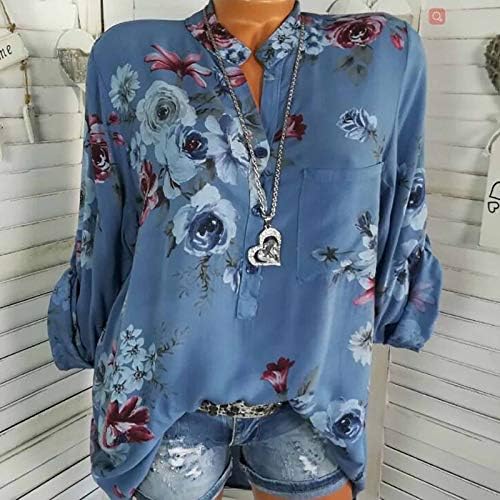 Дамски Блузи и Блузи с V образно деколте, Елегантен Пуловер с Флорални Принтом, Ежедневни Долна Фланелка на Копчета, Блуза, Плюс Размер