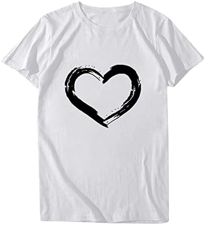 Дрехи с Къс Ръкав Памучен Кръгла Горловина Сърце Love Graphic Lounge Блуза, Тениска за Жени Есенно Лятна Риза WY WY