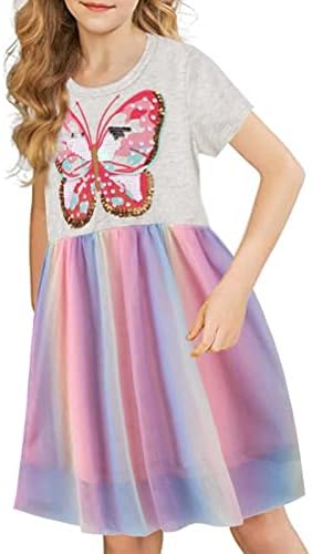 Рокля KAGAYD за малки момичета, Рокли с принтом пеперуди за момичета, розова рокля, с наклон в формата на пеперуда и пайети, Сладък Годишният Сарафан (Розово, 5 години)
