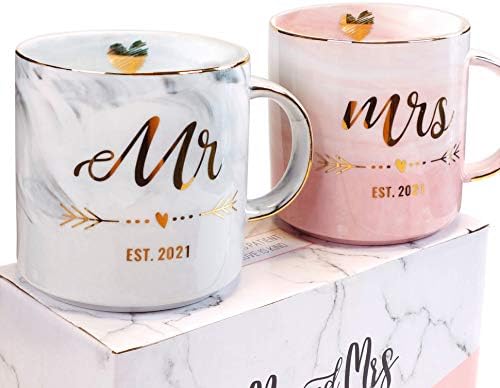 Чаши VILIGHT Mr и Mrs EST 2021 за двойки - Уникални Подаръци за Сватба, Булчински душ, за Бъдещето на булката и младоженеца - Набор от мраморни чаши кафе