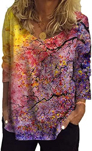 Дамски Блузи с дълъг ръкав, Модни и Ежедневни Тениска С Флорални принтом, V-образно деколте, Блузи Свободно Намаляване на 2023, Модни Лека Тениска
