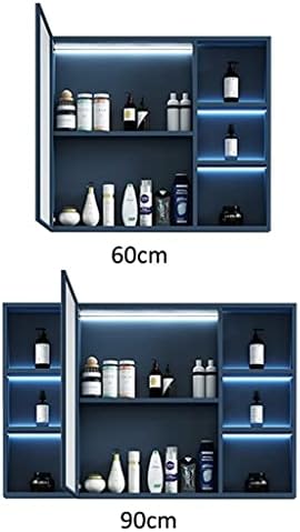 Led Огледален шкаф за баня, Алуминиев багажник-органайзер за съхранение, Огледало в цял ръст, Баня, хол и кухня, Подарък (Цвят: син размер: 60*65 cm)