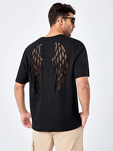 Navhao Ризи за мъже, Мъжки Блузи, Мъжки Ризи, Мъжки ризи с шарени Крила, изрязани с лазер Мрежести вложки, Тениска (Цвят: черен Размер: Голям)