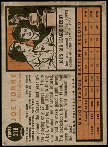 1962 Topps 218 Джо Торе Милуоки Брейвз (Бейзболна картичка) VG/БИВШ+ Брейвз