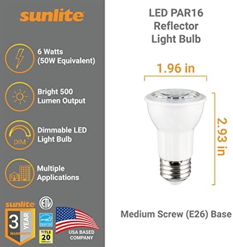 Отразяваща лампа Sunlite 80546 LED PAR16, 6 W (50 W =), 500 Лумена, Средна база E26, С регулируема яркост, Прожектор, 90 CRI, Energy Star, вписан в списъка на ETL, Отговаря на стандарта Title-20, 1 Броене, топъл бял