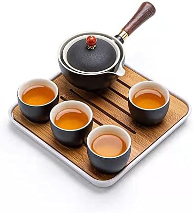 Керамични Преносим Пътен Чай Scizorito, Китайски Чай кунг-фу с електрическа Кана и приготвяне на чай, Въртяща се на 360 градуса, 4 Чаени Чаши Бамбуковым Чайным Тавата и пътна чанта (черна)