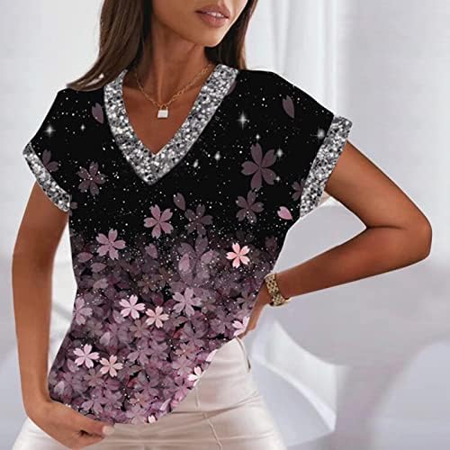 Дамски летни модни тениска с V-образно деколте и къс ръкав с флорални принтом OVERMAL