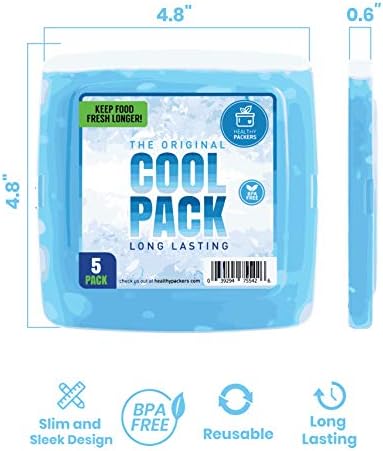 Пакет с лед Healthy Пакърс за обяд-бокс - 5 пакета с лед - Оригинални тънки и трайни пакети с фризер за вашия обяд или чанти-хладилника